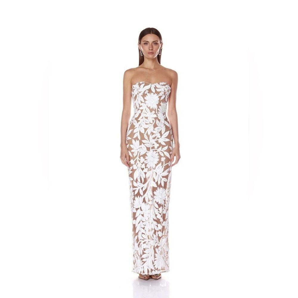 NEW Bronx and Banco Dahlia Maxi Dress in White Silver Floral Strapless
